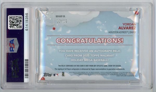 Yordan Alvarez 2020 Topps Holiday Autograph Relics 02/10 #WHAR-YA PSA 8