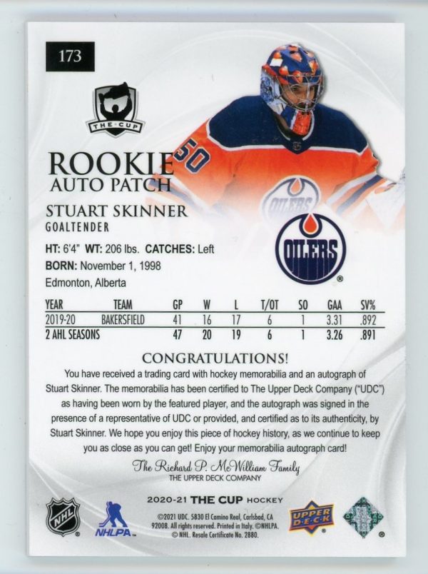 Stuart Skinner 2020-21 Upper Deck The Cup RPA 134/249 RC #173