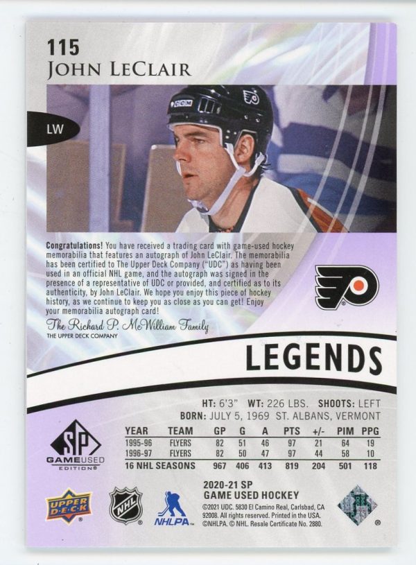 John LeClair 2020-21 SPGU Legends Jersey Auto 09/10 #115