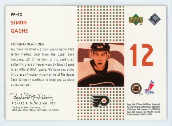 Simon Gagne 2002-03 SP Game Used Future Fabrics 26/99 #FF-SG