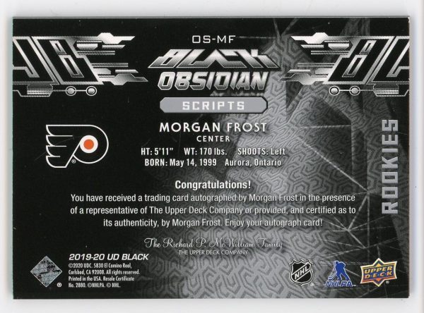 Morgan Frost 2019-20 UD Black Rookies Obsidian Scripts Auto #OS-MF