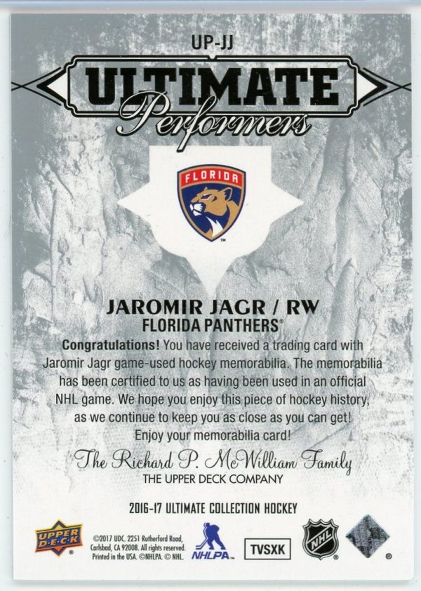 Jaromir Jagr 2016-17 UD Ulitmate Performers Jersey Card /99 #UP-JJ