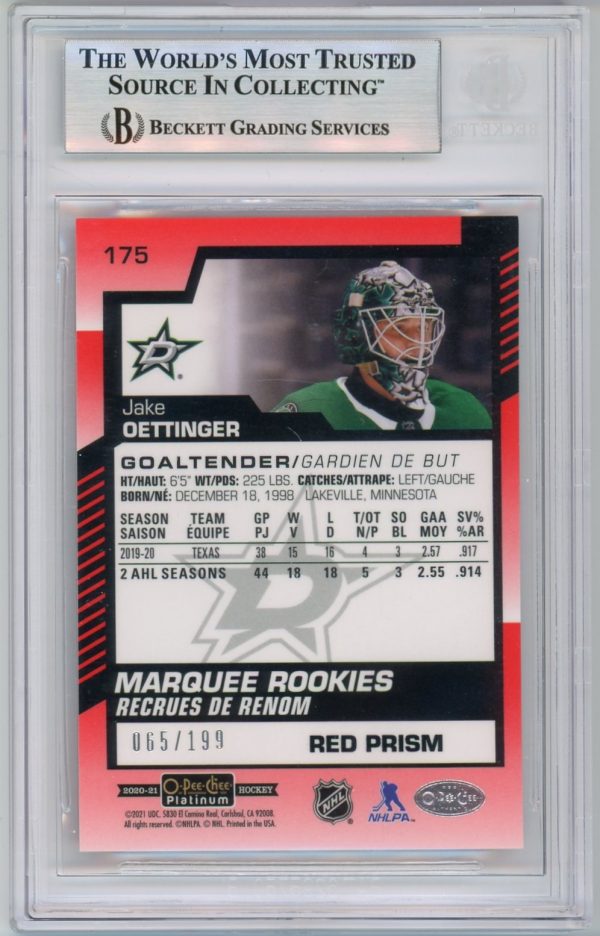 Jake Oettinger 2020-21 OPC Platinum Red Prism Marquee Rookie 065/199 BGS 9