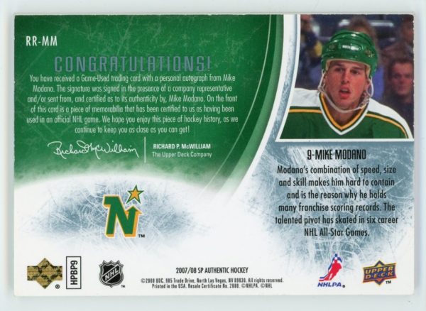 Mike Modano 2007-08 SP Authentic Rookie Review Patch Auto /100 #RR-MM