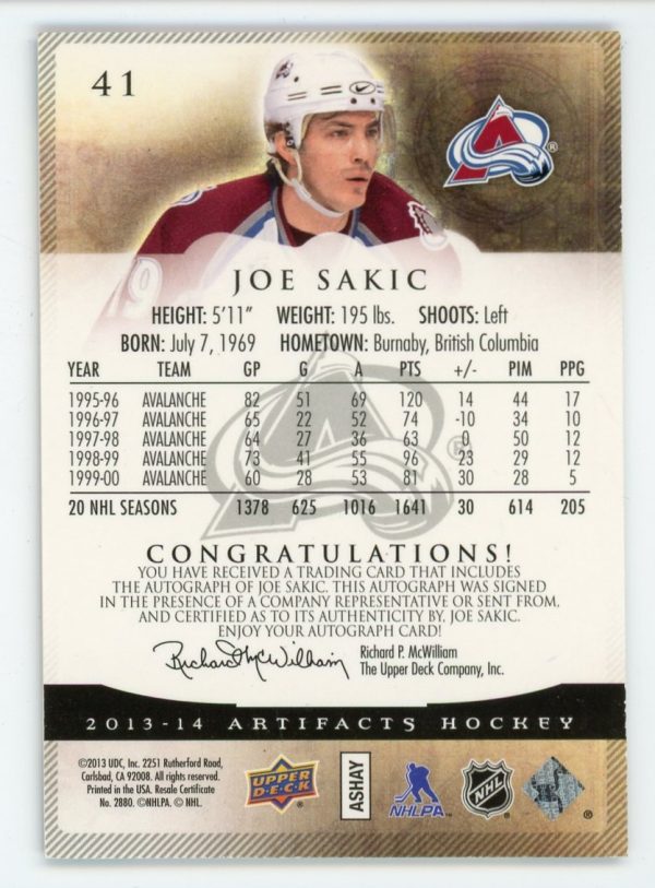 Joe Sakic 2013-14 Upper Deck Artifacts Black Auto 2/5 #41