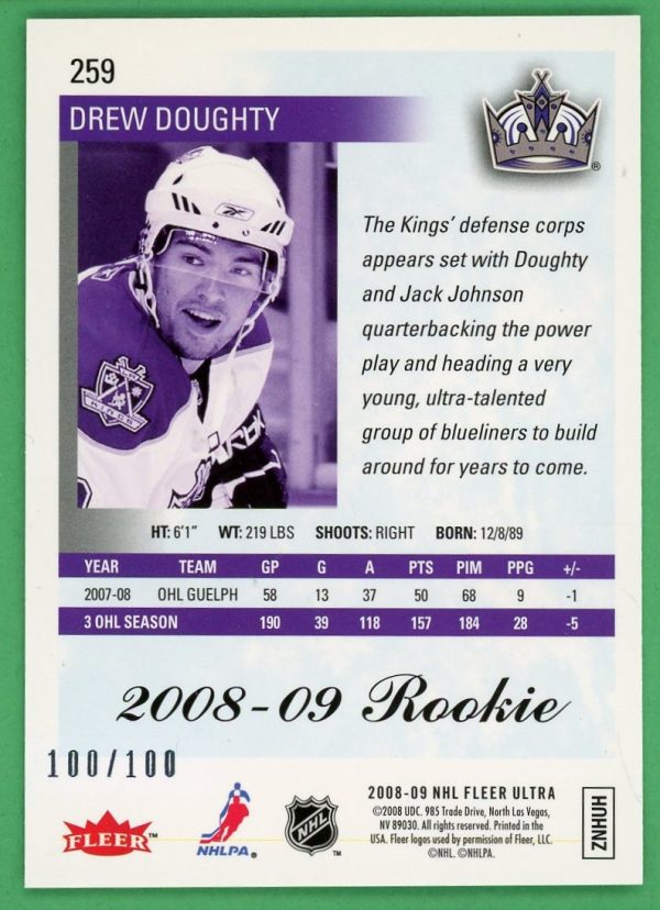 Drew Doughty 2008-09 Fleer Ultra Ice Medallion /100 Rookie Card #259