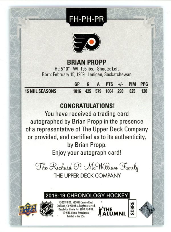 Brian Propp 2018-19 Upper Deck Chronology Auto Card #FH-PH-PR