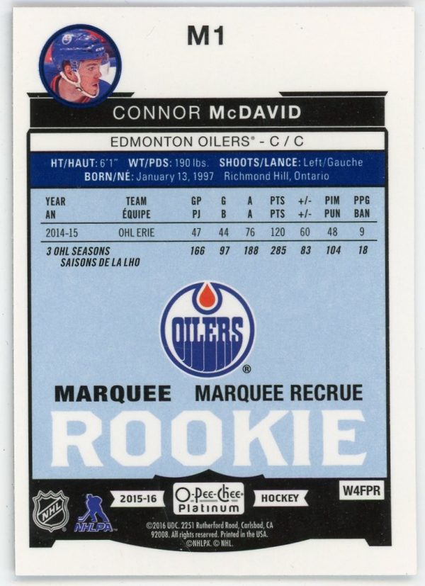 Connor Mcdavid 2015-16 O-Pee-Chee Platinum Marquee Rookie #M1