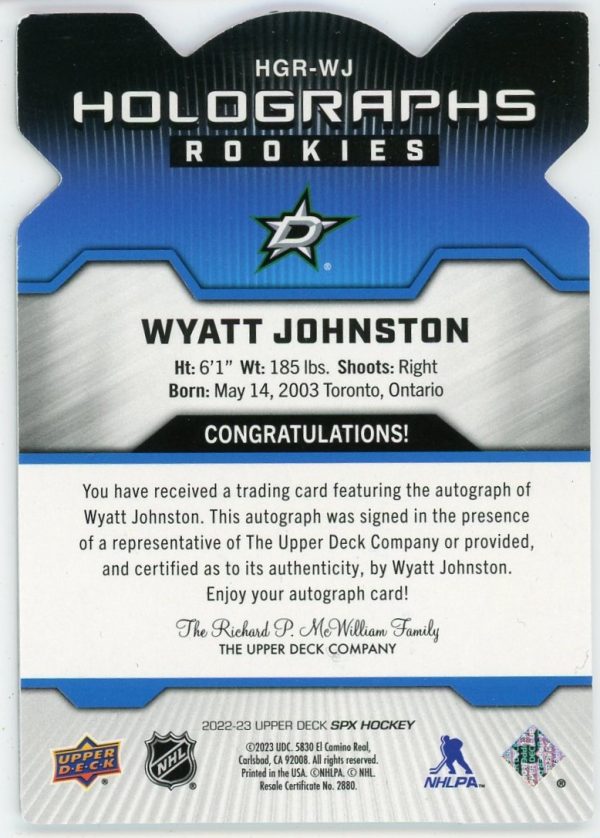 Wyatt Johnston 2022-23 UD SPX Holographs Rookie Auto /49 #HGR-WJ