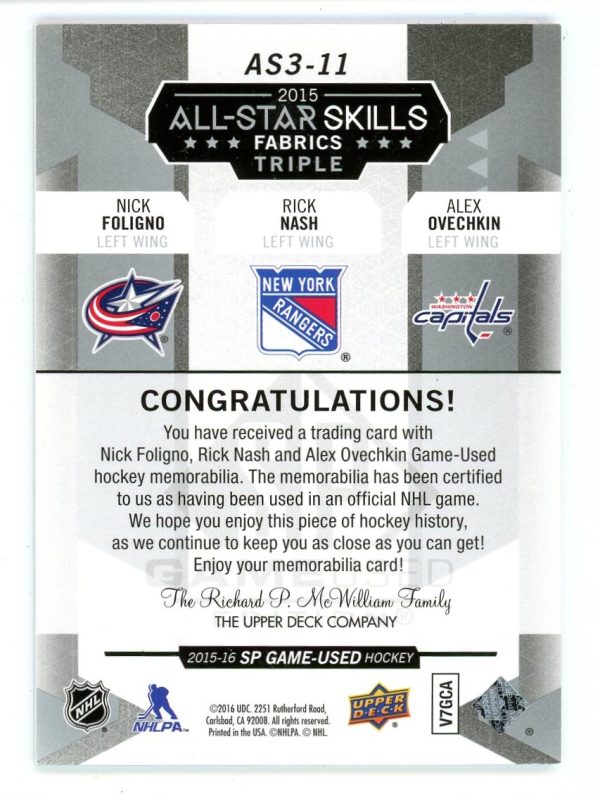 Ovechkin/Nash/Foligno 2015-16 SPGU All-Star Skills Fabrics Triple Jersey #AS3-11