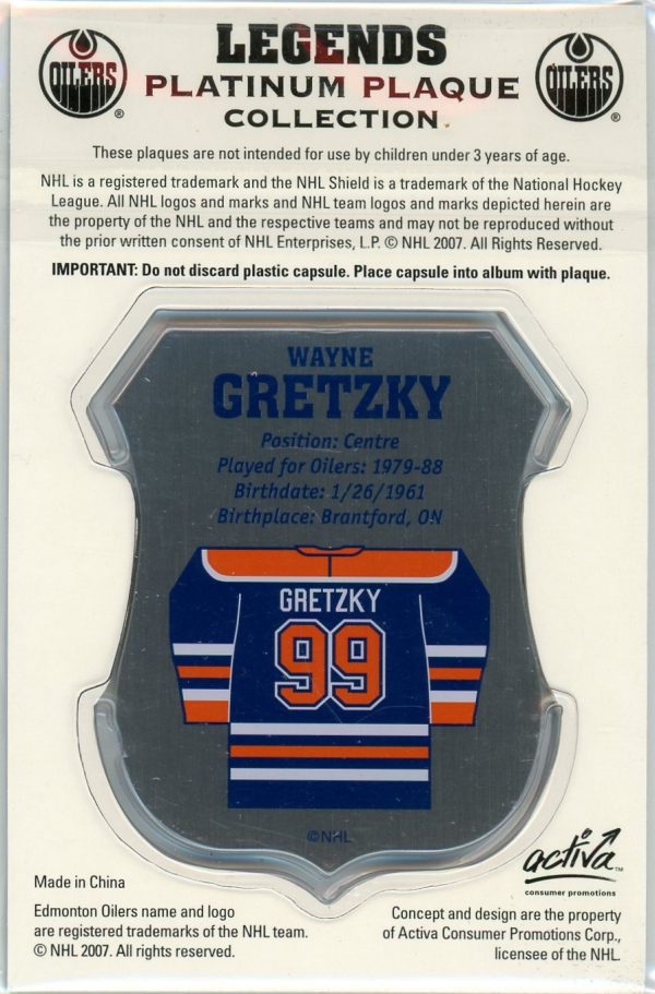 Wayne Gretzky 2007 Edmonton Oilers Legends Platinum Plaque Collection