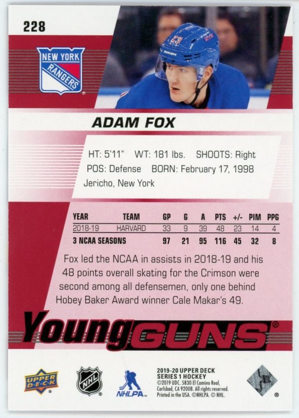 Adam Fox 2019-20 UD Series 1 Young Guns Exclusives /100 #228