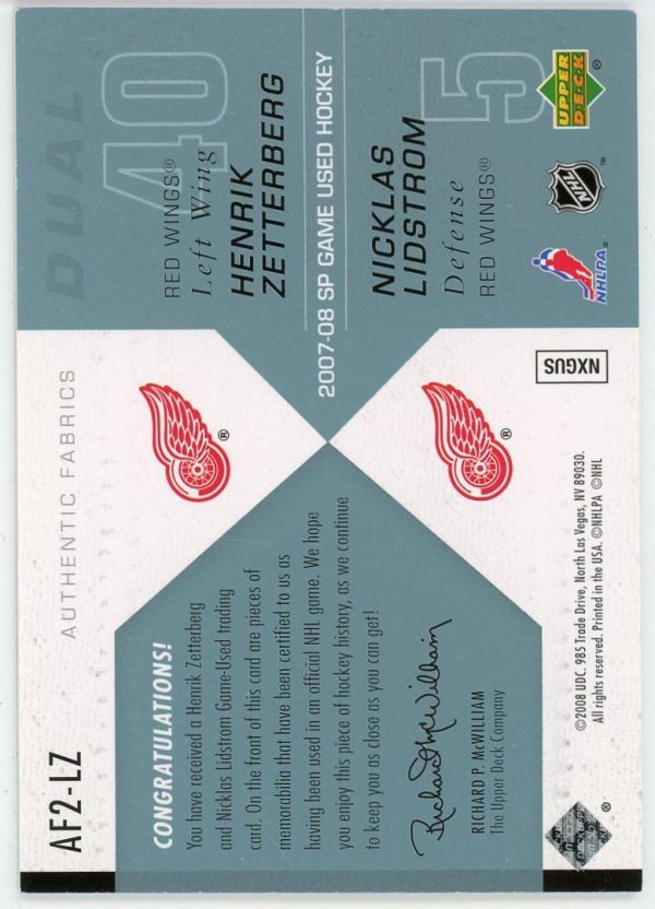 Zetterberg, Lidstrom 2007-08 UD SP Game Used Dual Jersey /100 #AF2-LZ