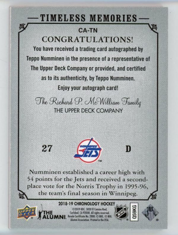 Teppo Numminen 2018-19 Chronology Timeless Memories Red Auto #CA-TN