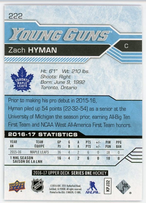 Zach Hyman 2016-17 Upper Deck Series 1 Young Guns #222