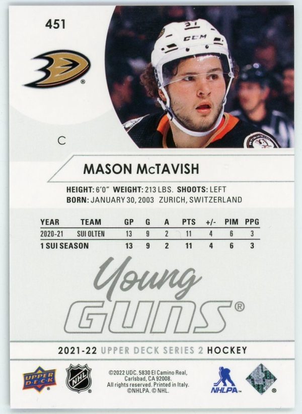 Mason McTavish 2021-22 Upper Deck Series 2 Young Guns #451