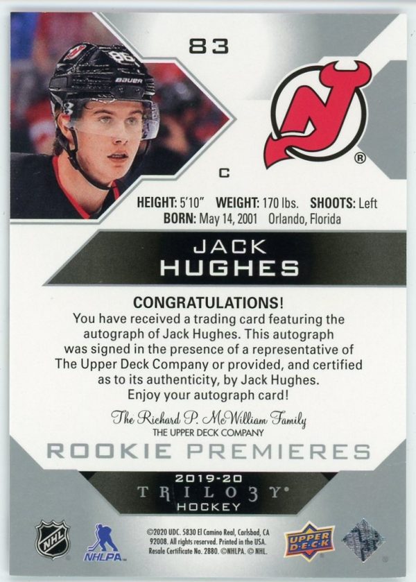 Jake Hughes 2019-20 UD Trilogy Rookie Premiers Level 1 Auto /249 #83