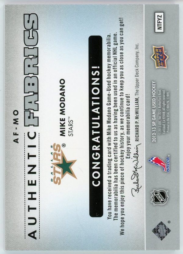 Mike Modano 2012-13 UD SP Game Used Authentic Fabris Fight Strap /15 #AF-MO