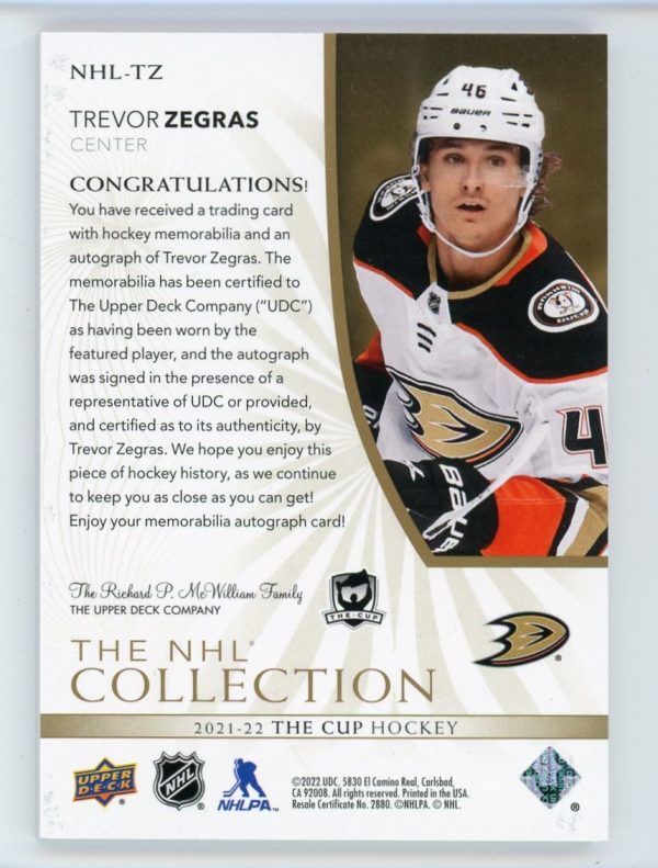 Trevor Zegras 2021-22 UD The Cup NHL Collection RPA 14/35 #NHL-TZ