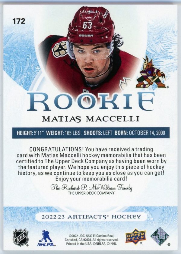 Matias Maccelli 2022-23 UD Artifacts Emerald Dual Rookie Patch /65 #172