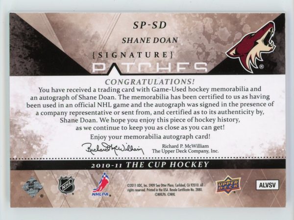 Shane Doan 2010-11 UD The Cup Signature Patches Auto 54/75 #SP-SD