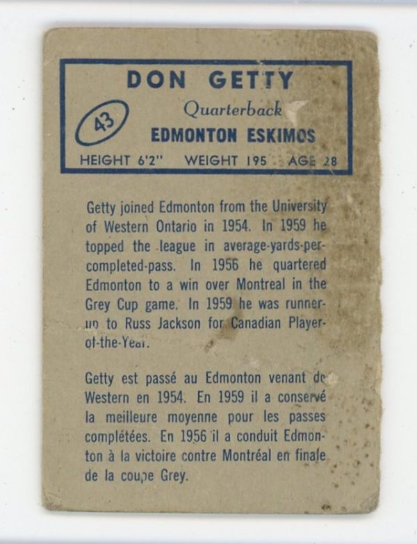 Don Getty 1962 Topps CFL Card #48