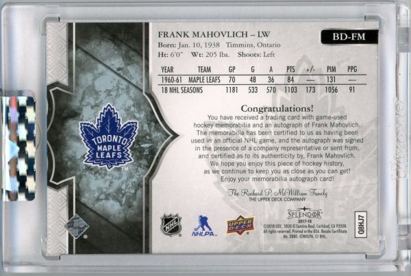 Frank Mahovlich 2017-18 Splendor Game Used Stick Auto /36 #BD-FM