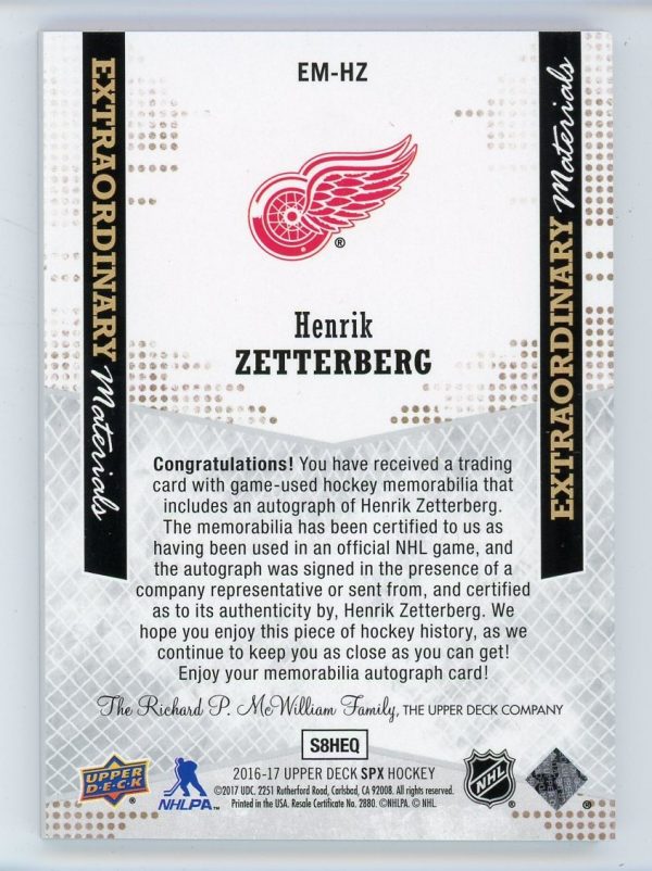 Henrik Zetterberg 2016-17 SPx Extraordinary Materials /25 Auto #EM-HZ