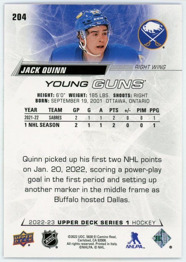 Jack Quinn 2022-23 Upper Deck Series 1 Young Guns #204