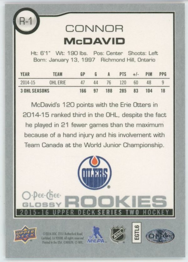 Connor Mcdavid 2015-16 Upper Deck Series 2 Glossy Rookies #R-1