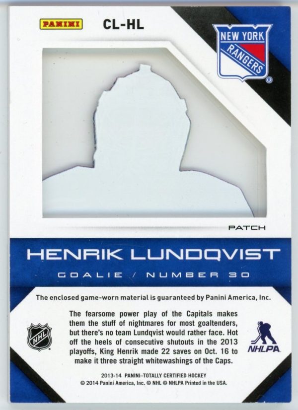 Henrik Lundqvist 13-14 Panini Totally Certified Clear Cloth Patch /10 #CL-HL