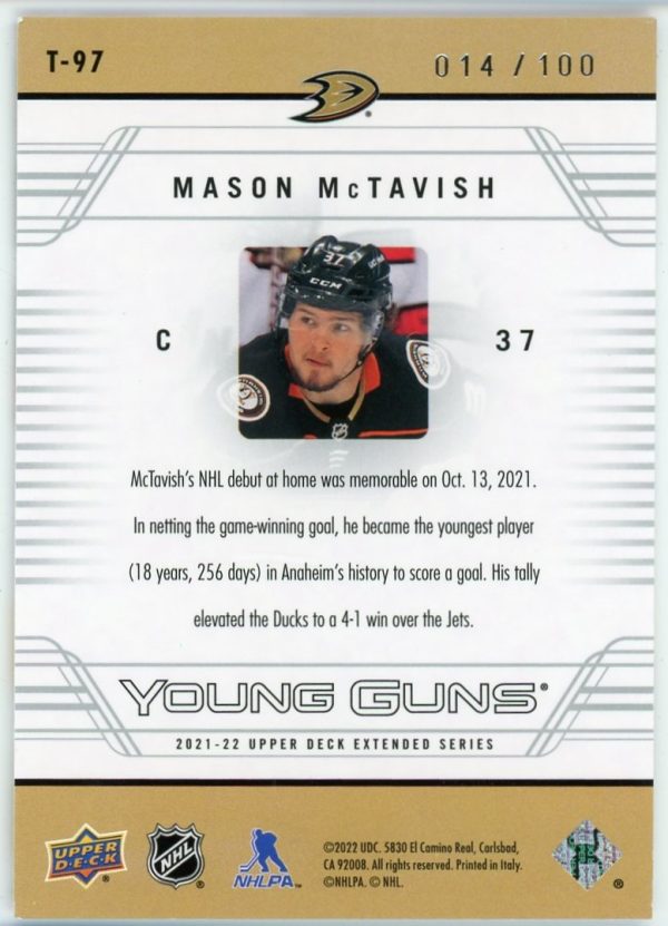 Mason McTavish 2021-22 Upper Deck Extended HG Young Guns /100 #T-97