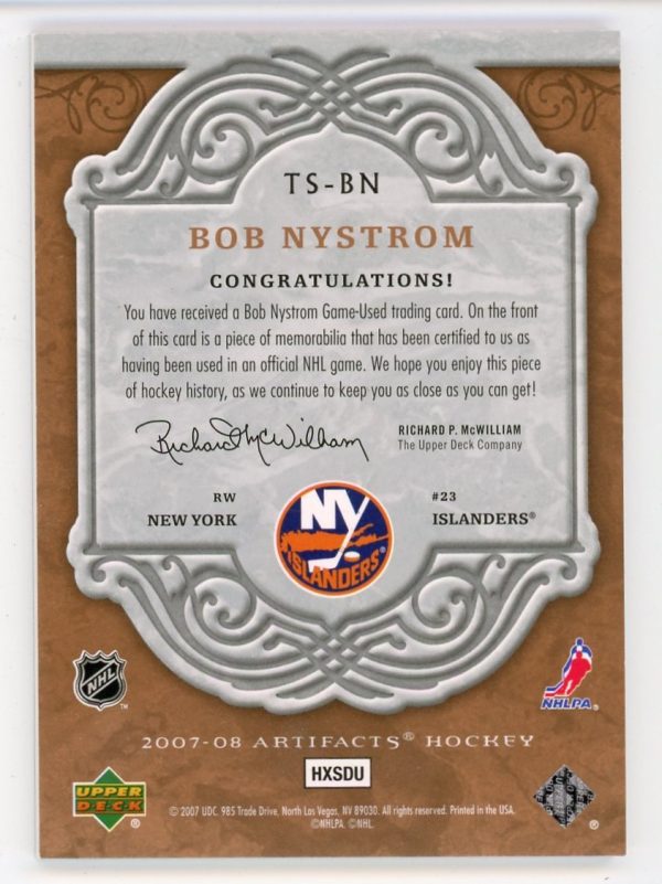 Bob Nystrom 2007-08 UD Artifacts Treasured Swatches Patch 45/50 #TS-BN