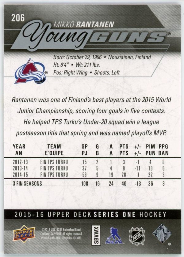 Mikko Rantanen 2015-16 Upper Deck Series 1 Young Guns #206