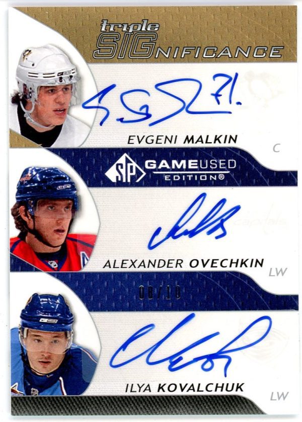 Malkin, Ovechkin, Kovalchuk 2008-09 UD SP Game Used Triple Auto /10 #3SG-KOM