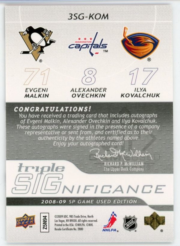 Malkin, Ovechkin, Kovalchuk 2008-09 UD SP Game Used Triple Auto /10 #3SG-KOM