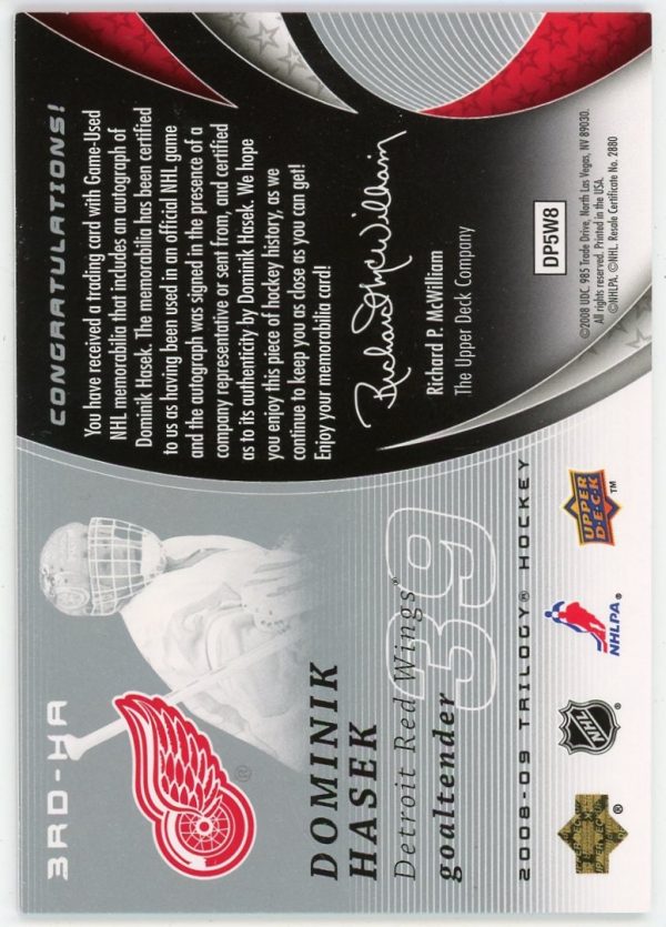 Dominik Hasek 2008-09 UD Trilogy 3RD Star Scripted Swatches /100 #3RD-HR