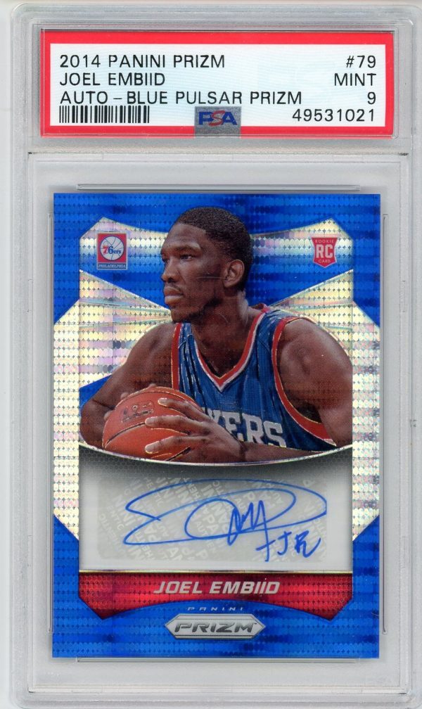 Joel Embiid 2014-15 Panini Prizm Blue Pulsar Auto /199 RC #79 PSA 9