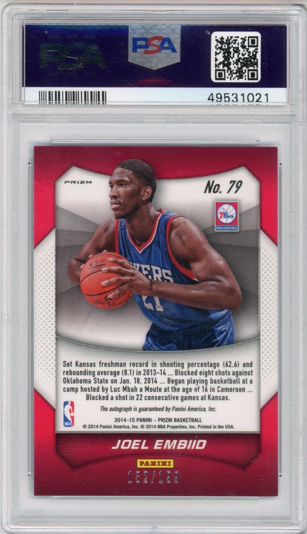 Joel Embiid 2014-15 Panini Prizm Blue Pulsar Auto /199 RC #79 PSA 9