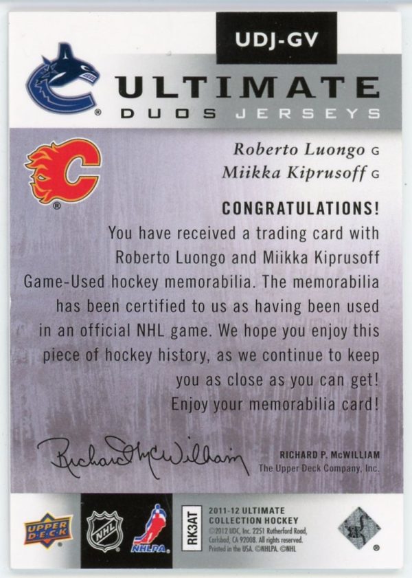 Luongo, Kiprusoff 2011-12 Upper Deck Ultimate Duos Jersey /50 #UDJ-GV