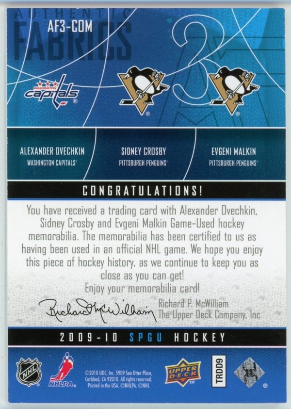 Ovechkin, Crosby, Malkin 09-10 UD SP Game Used Triple Fabrics Patch /15 #AF3-COM