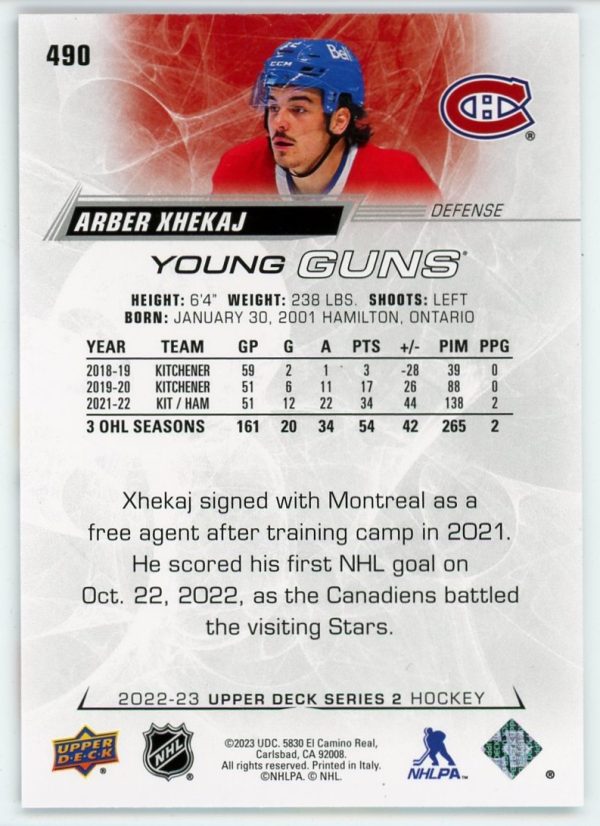 Arber Xhekaj 2022-23 Upper Deck Series 2 Young Guns #490