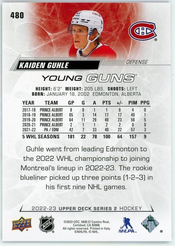 Kaiden Guhle 2022-23 Upper Deck Series 2 Young Guns #480