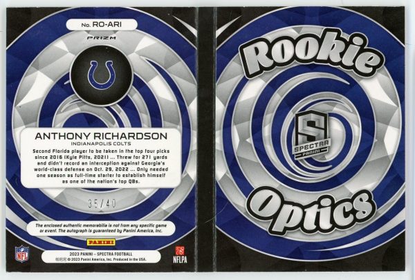 Anthony Richardson 2023 Spectra Rookie Optics Booklet RPA 35/40