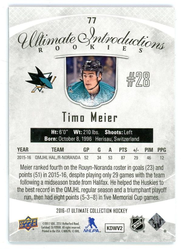 Timo Meier 2016-17 UD Ultimate Introductions 09/25 RC #77