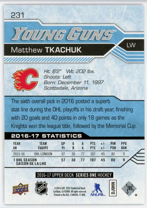 Matthew Tkachuk 2016-17 Upper Deck Series 1 Young Guns #231