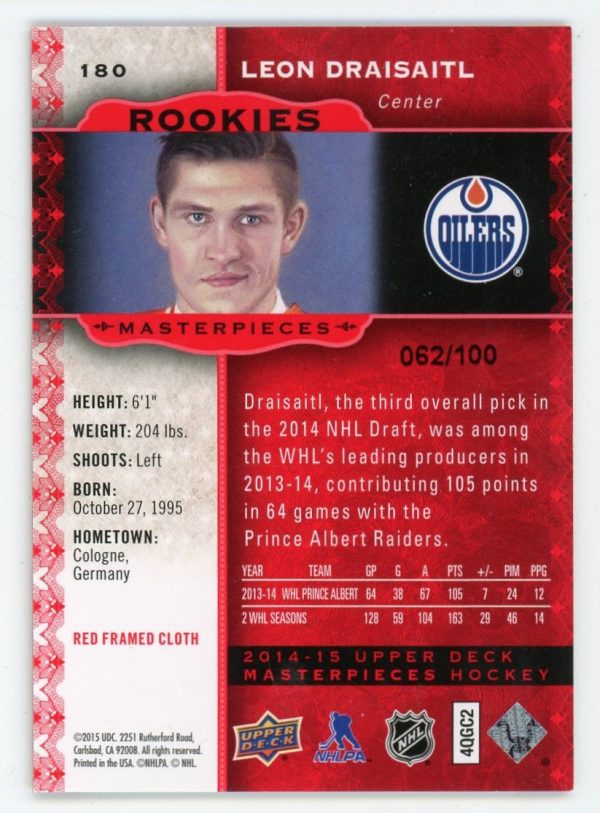 Leon Draisaitl 2014-15 Masterpieces Red Framed Cloth /100 RC #180