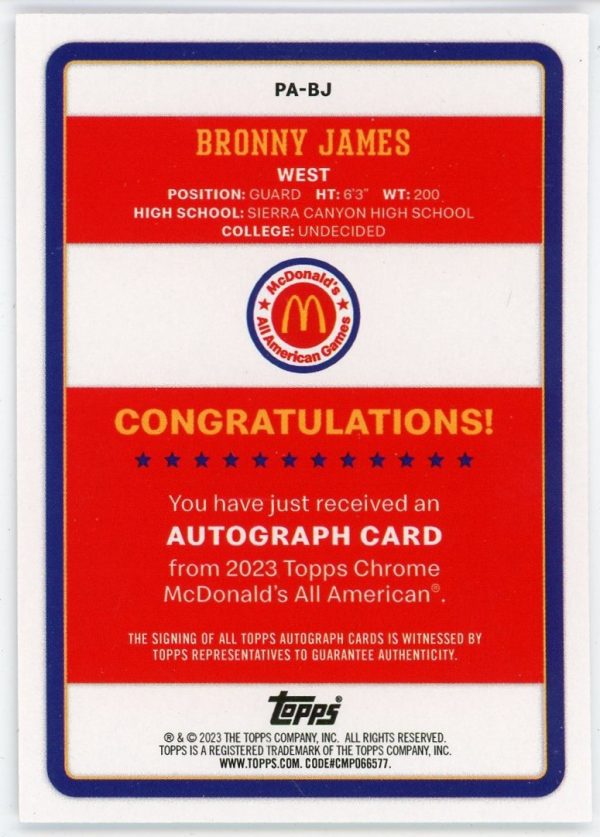 Bronny James 2023 Topps Mcdonalds All American Auto RC #PA-BJ