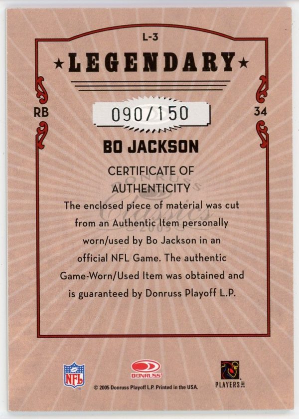 Bo Jackson 2005 Donruss Classics Legendary Players Jersey /150 #L-3