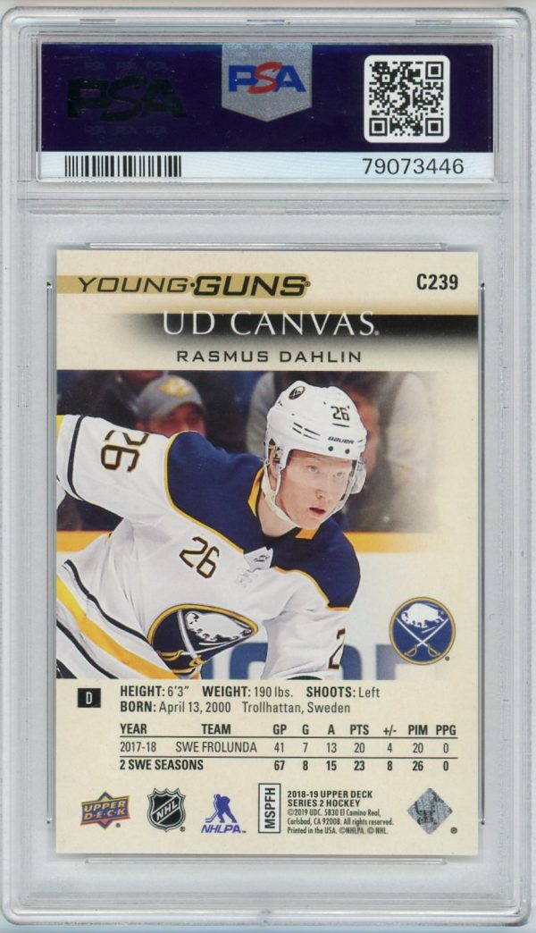 Rasmus Dahlin 2018-19 Upper Deck Series 2 Young Guns Canvas #C239 PSA 10